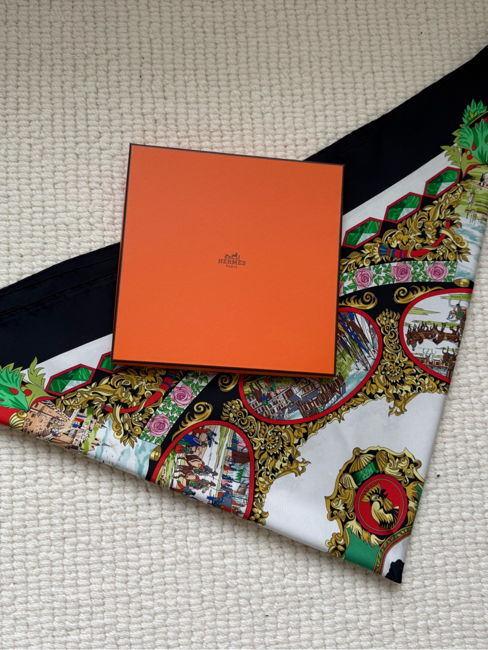 Hermes Black, White, Gold, Red & Green Silk Scarf